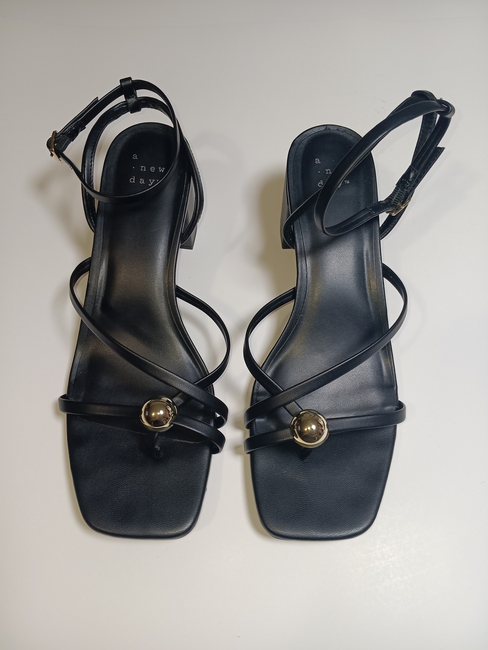 a new day Black Strappy Sandals with Gold Accent Orb